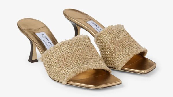 Sandali Alessia 70 Jimmy Choo PE 2025 in lurex intrecciato oro con logo ricamato
