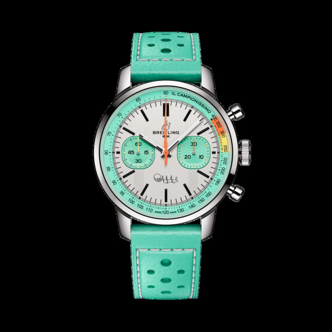 Cronografo Breitling Top Time B01 Fausto Coppi con cinturino turchese e contatori abbinati