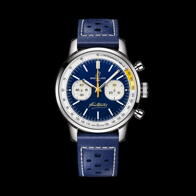 Cronografo Breitling Top Time B01 Gino Bartali con quadrante blu e cinturino in pelle blu
